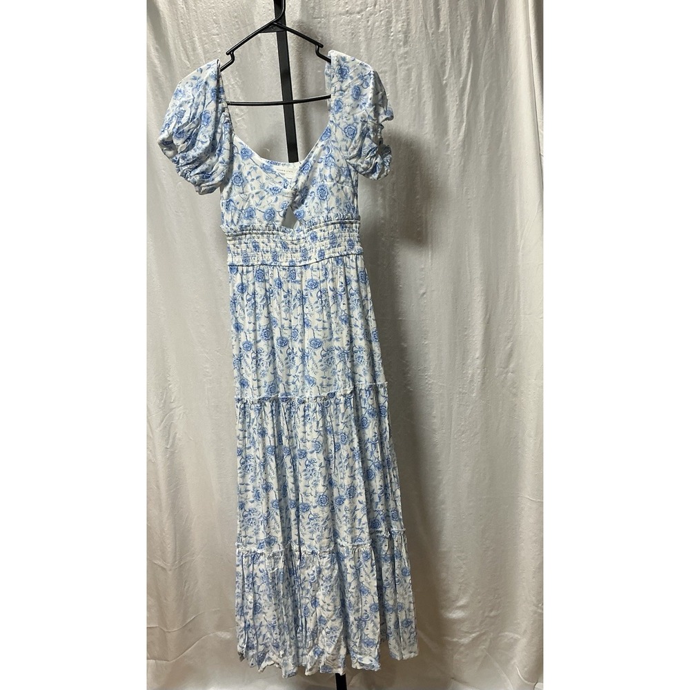 Altar'd State Floral Tiered Maxi Dress XXS Blue White Puff Sleeve Smocked NWT